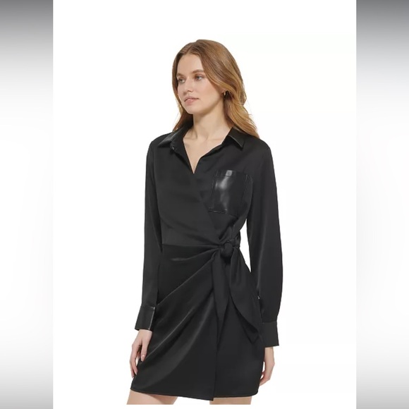DKNY Satin Wrap Mini Shirt Dress - Picture 1 of 7